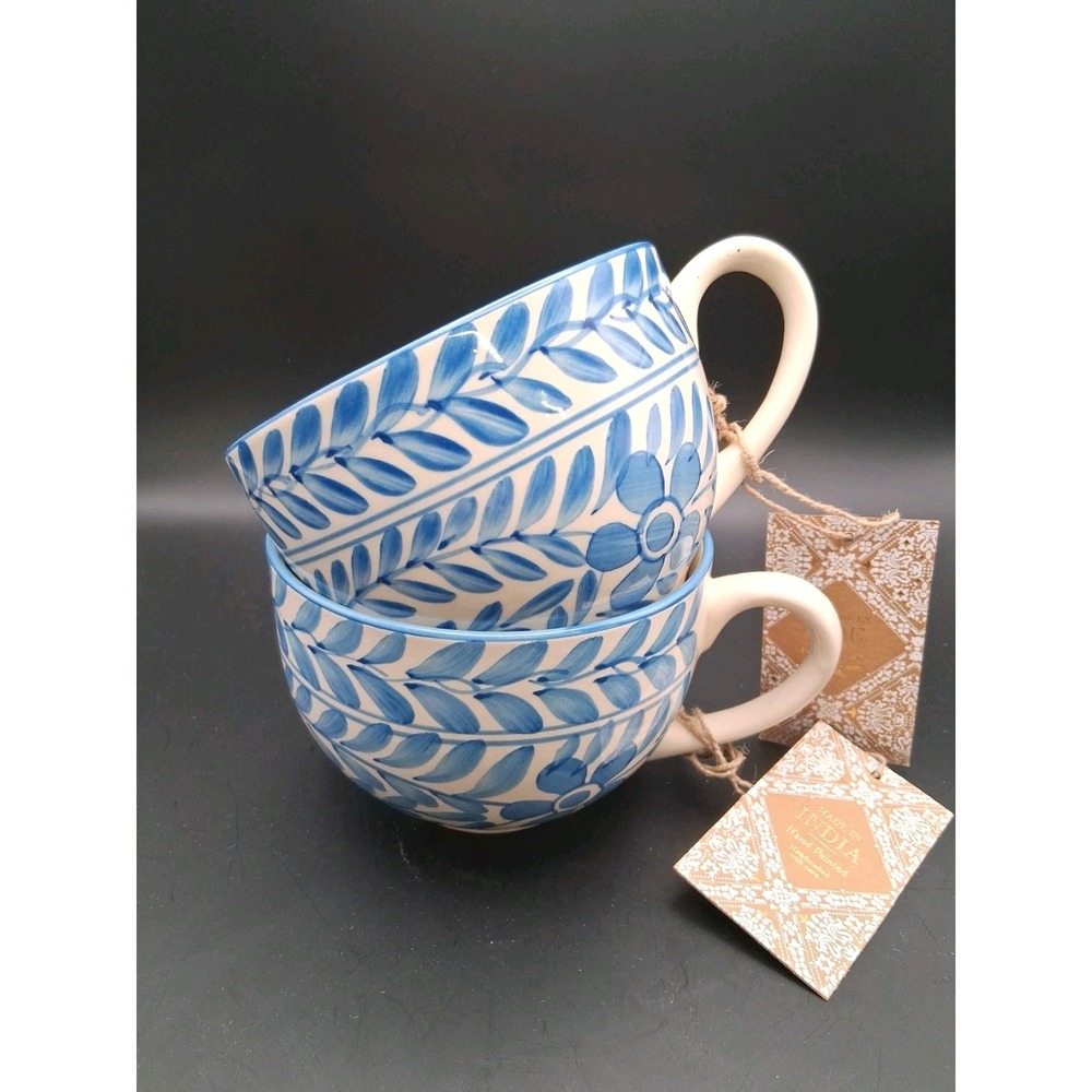 Hand Painted Ceramic Soup Mugs Blue & Cream Floral Vine - Made In India NWT